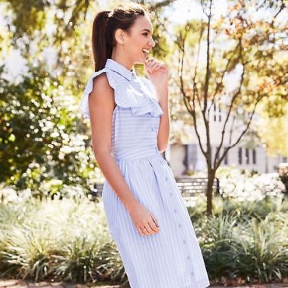 NWT Blue Striped Ruffle Button Down Blouse - Picture 2 of 6